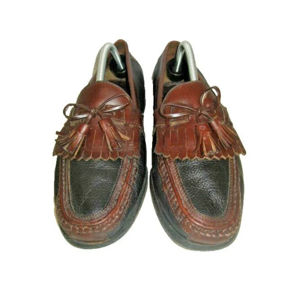 Mens Johnston & Murphy Brown/Black Leather Tassel Kilt Loafers Shoes sz 9.5W